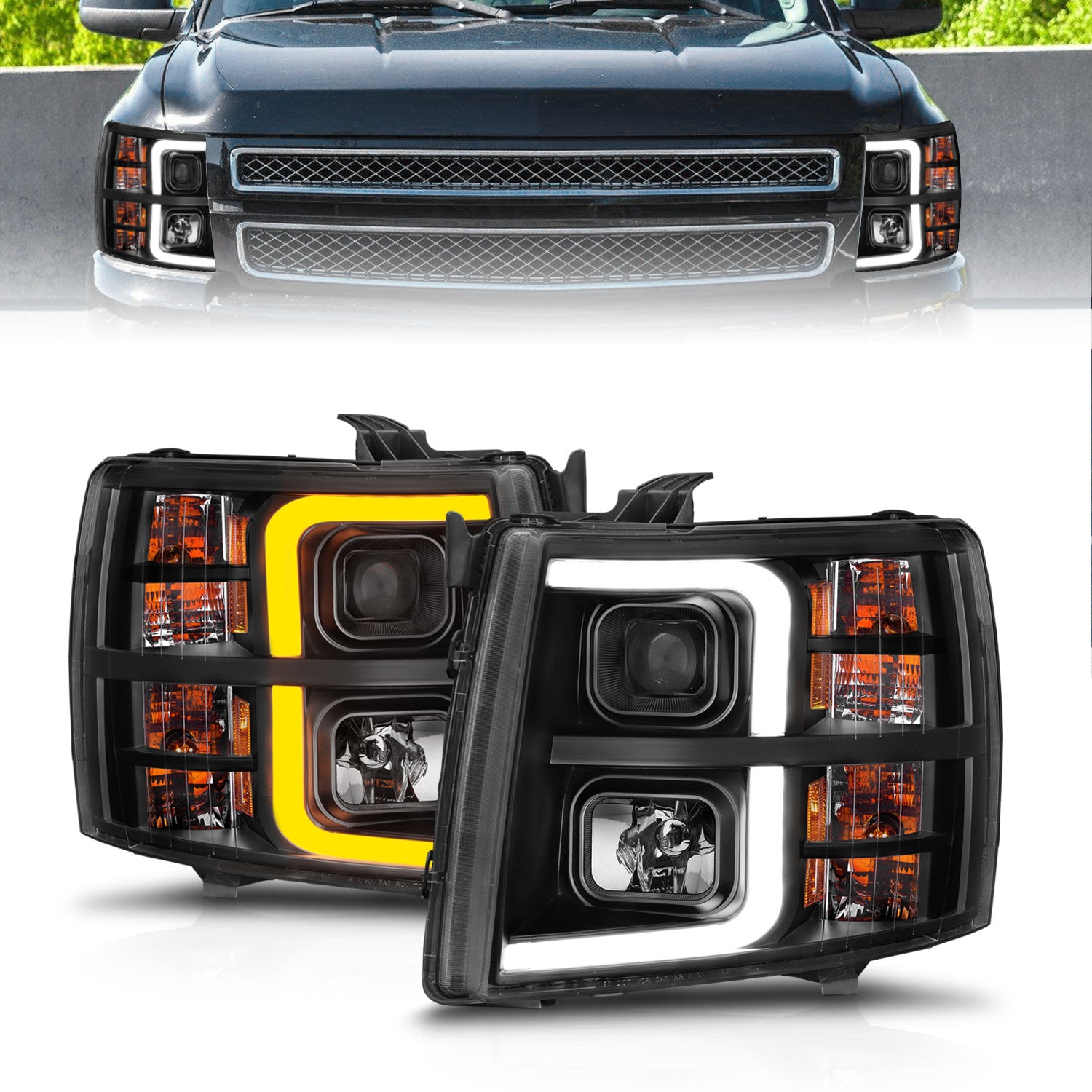 ANZO 2007-2013 Chevrolet Silverado 1500 Projector w/ Light Bar Black Housing w/ Sequential - 111545 for 2007-2014 Chevrolet S