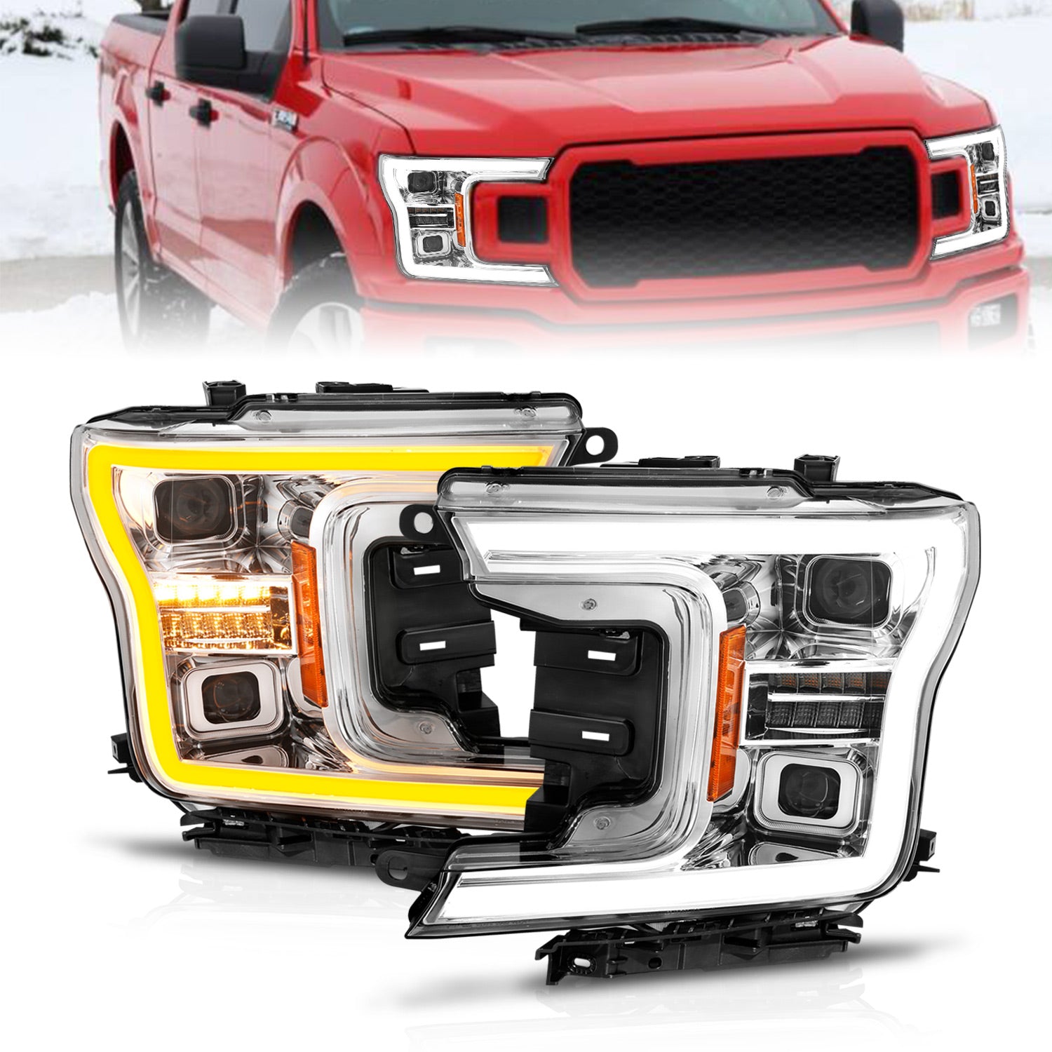 ANZO 18-20 Ford F-150 (w/o Fctry LED) Full LED Proj Headlights w/Light Bar Swtchbk Seq. Chrome w/Int - 111571 for 2018-2020 F