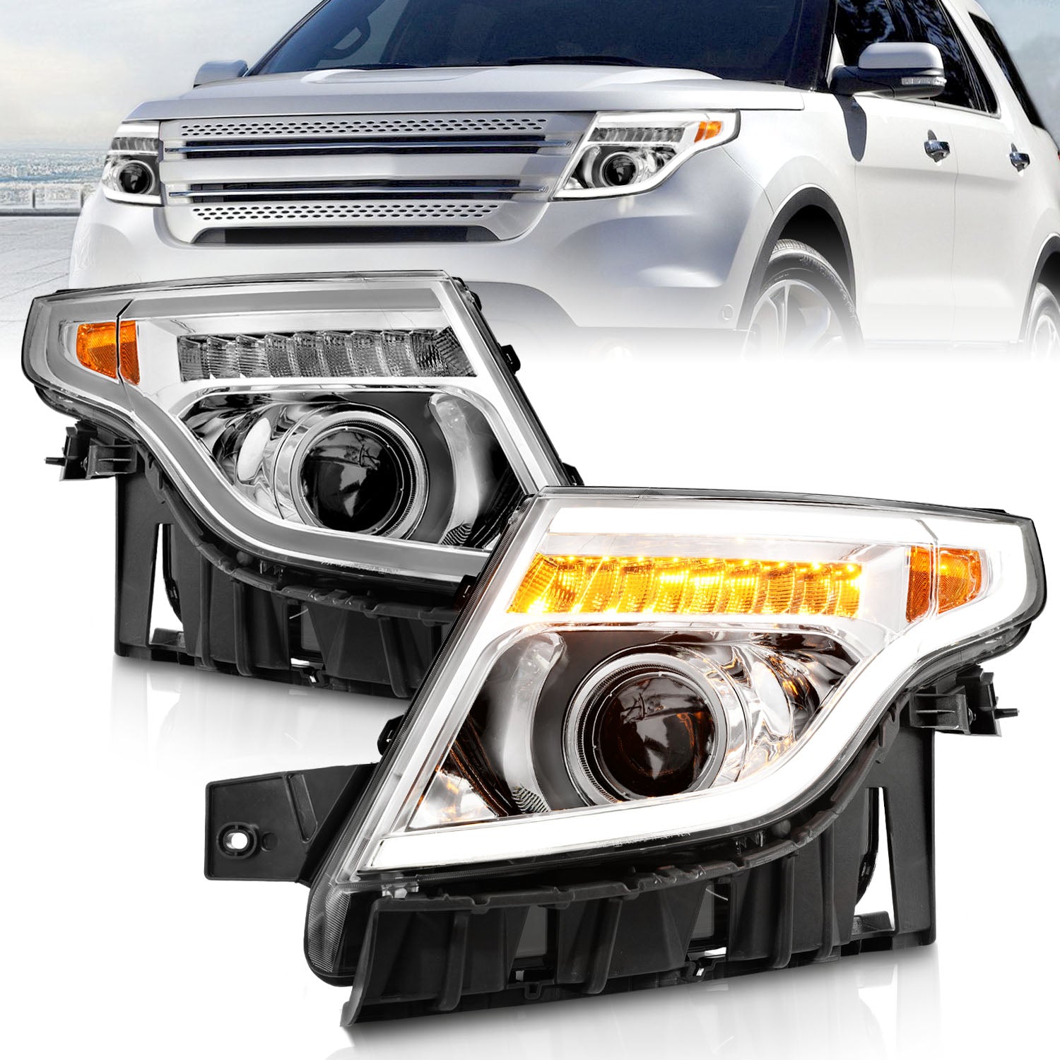 ANZO 11-15 Ford Explorer Projector Headlights w/ Light Bar Chrome Housing w/ Amber light - 111576 for 2011-2015 Ford Explorer