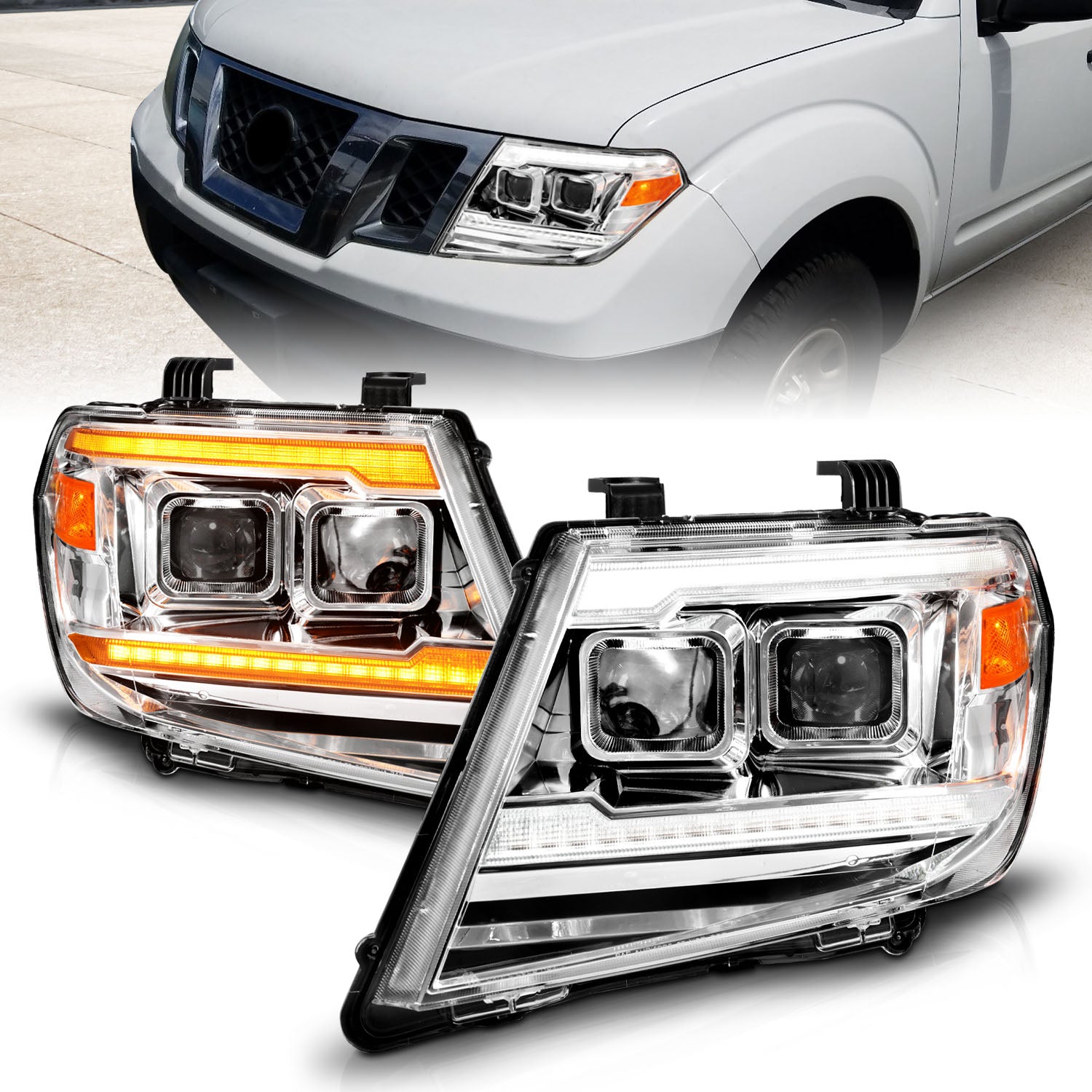 ANZO 09-20 Nissan Frontier Chrome Projector Plank Style DRL w/ Switchback & Sequential LED DRL - 111598 for 2009-2021 Nissan
