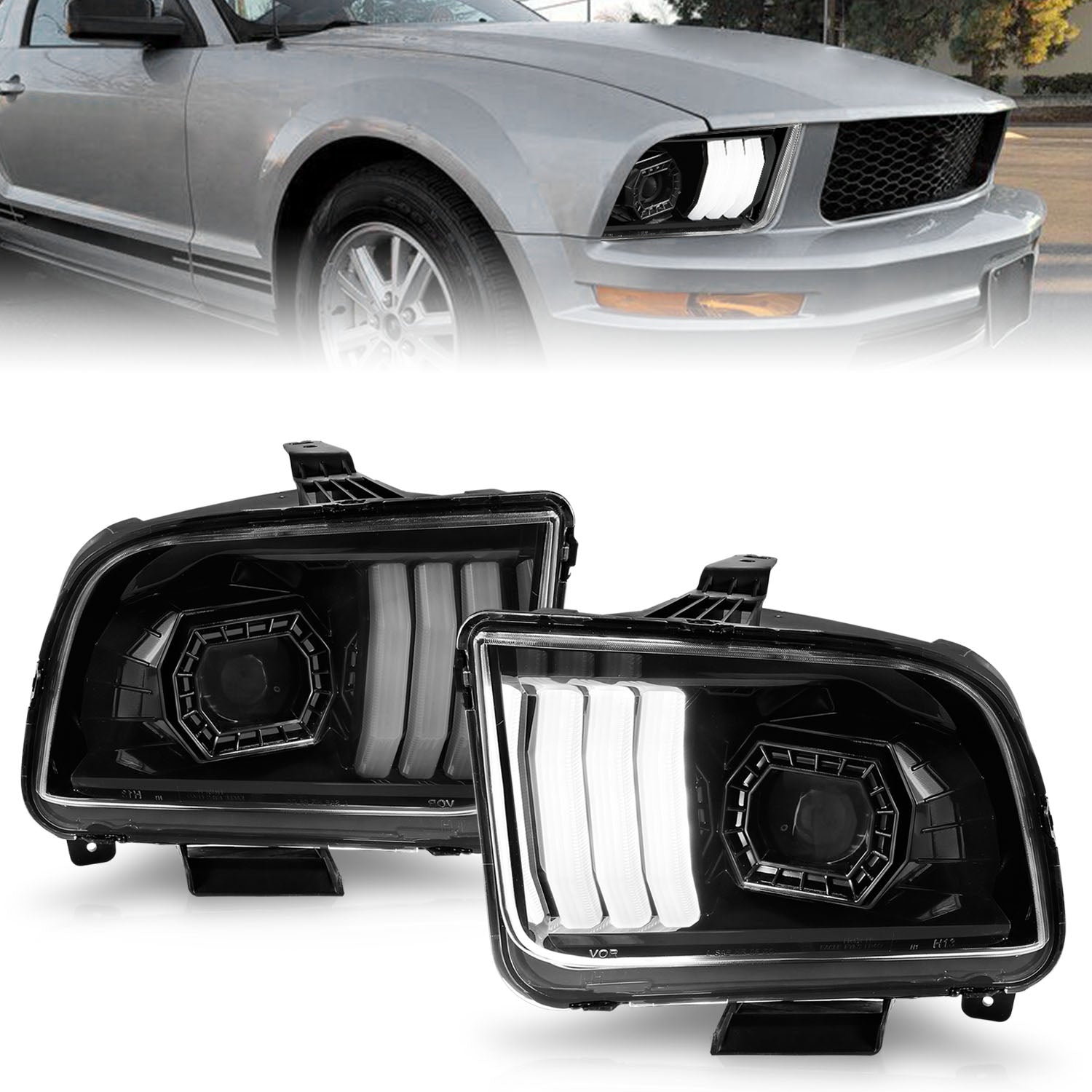 ANZO 05-09 Ford Mustang (w/Factory Halogen HL Only) Projector Headlights w/Light Bar Black Housing - 121566 for 2005-2009 For