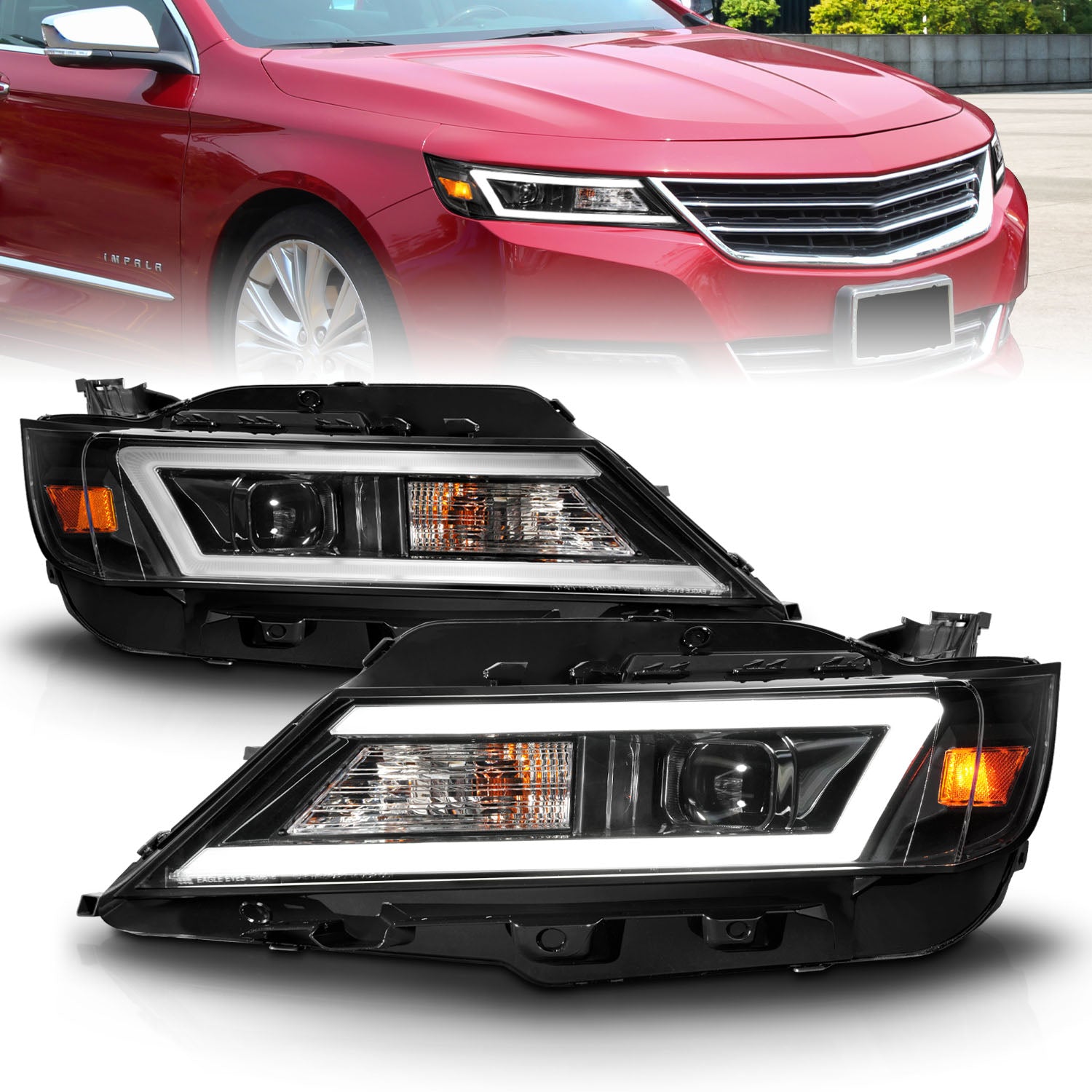 Anzo 14-20 Chevrolet Impala Square Projector LED Bar Headlights w/ Black Housing - 121574 for 2014-2020 Chevrolet Impala - fr