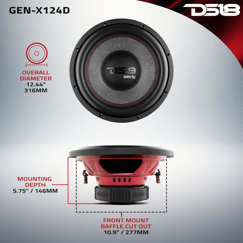 DS18 12in 450 Watts RMS 4 ohm DVC Subwoofer Ferrite Motor And Dual Voice Coils - GEN-X124D - angle view