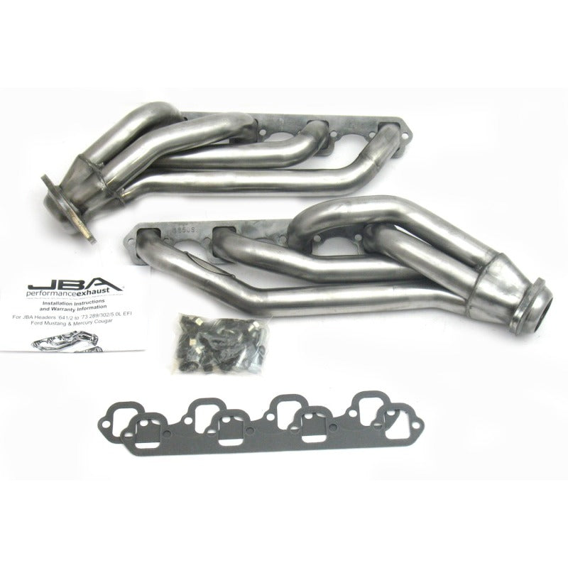 JBA 65-73 Ford Mustang 260-302 SBF 1-5/8in Primary Raw 409SS Mid Length Header - 1650S for 1964-1973 Ford Mustang - front vie