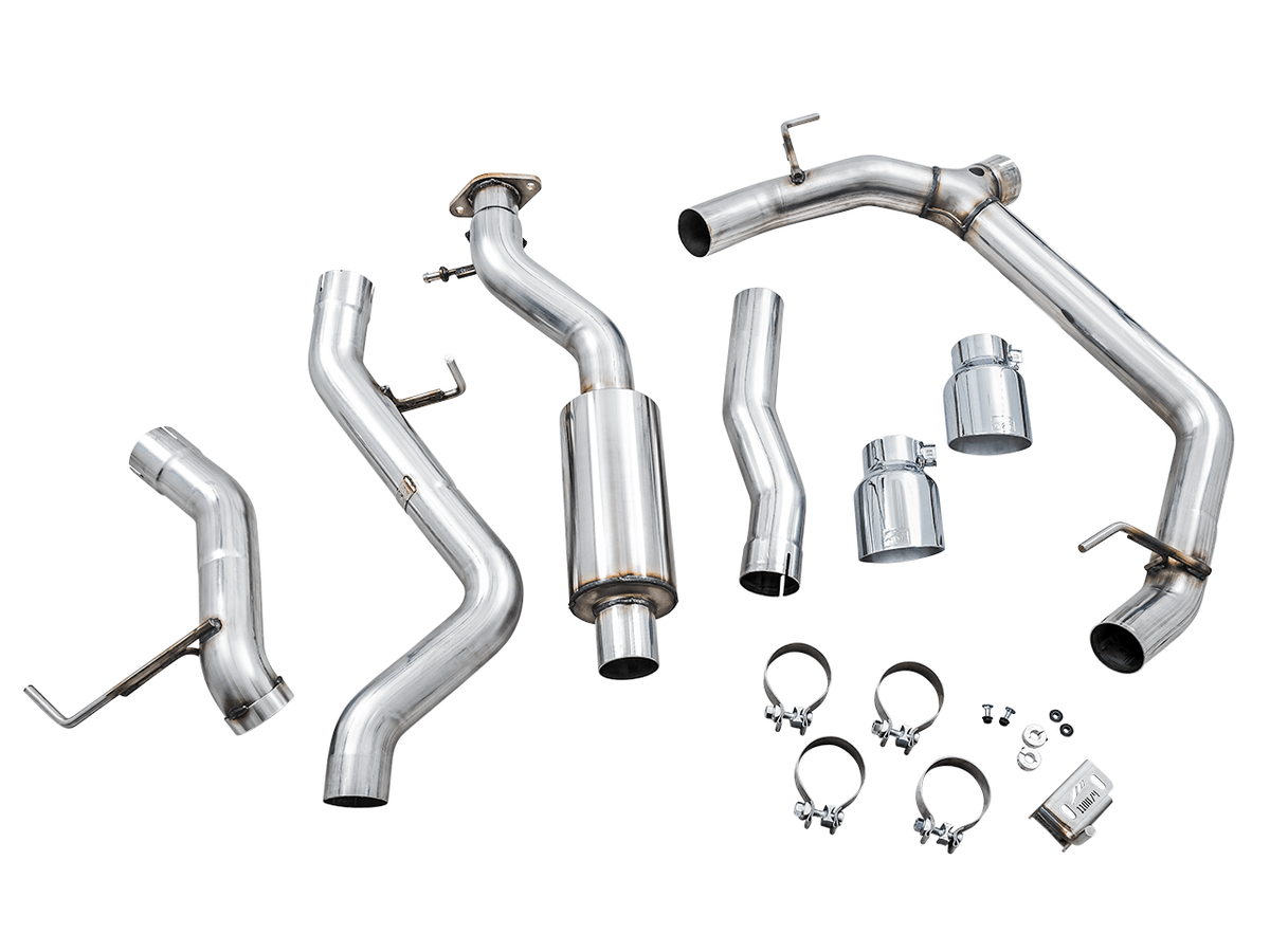 Clearance - AWE Tuning 2021+ Ford Bronco 0FG Dual Rear Exit Exhaust w/Chrome Silver Tips &amp; Bash Guard