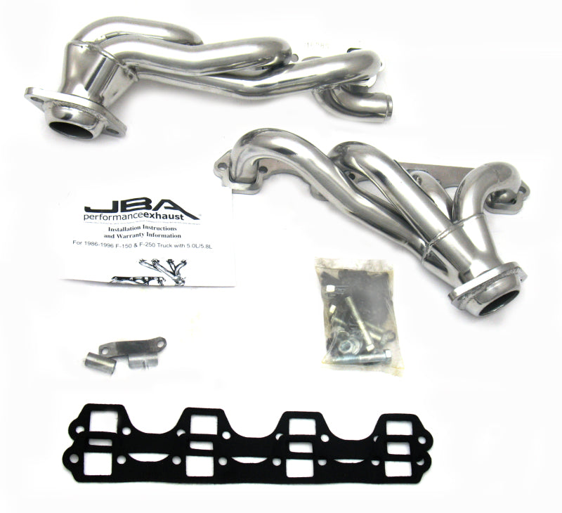 JBA 87-96 Ford F-150 5.8L SBF 1-5/8in Primary Silver Ctd Cat4Ward Header - 1628SJS for 1986-1996 Ford F 150 - front view