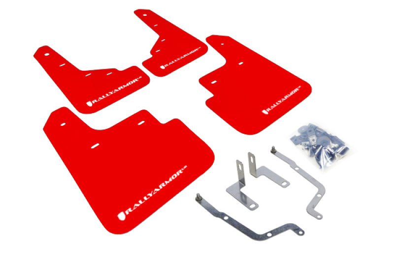 Rally Armor 14-18 Mazda3 Red UR Mud Flap w/White Logo - MF31-UR-RD/WH for 2014-2018 Mazda 3 - front view