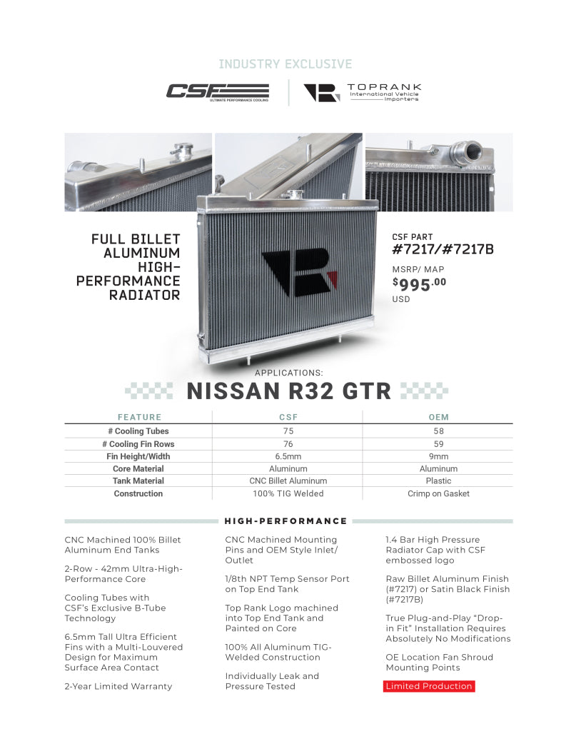 CSF R32 Nissan Skyline GT-R / GT-S Full Billet Aluminum High-Performance Radiator - Raw Finish