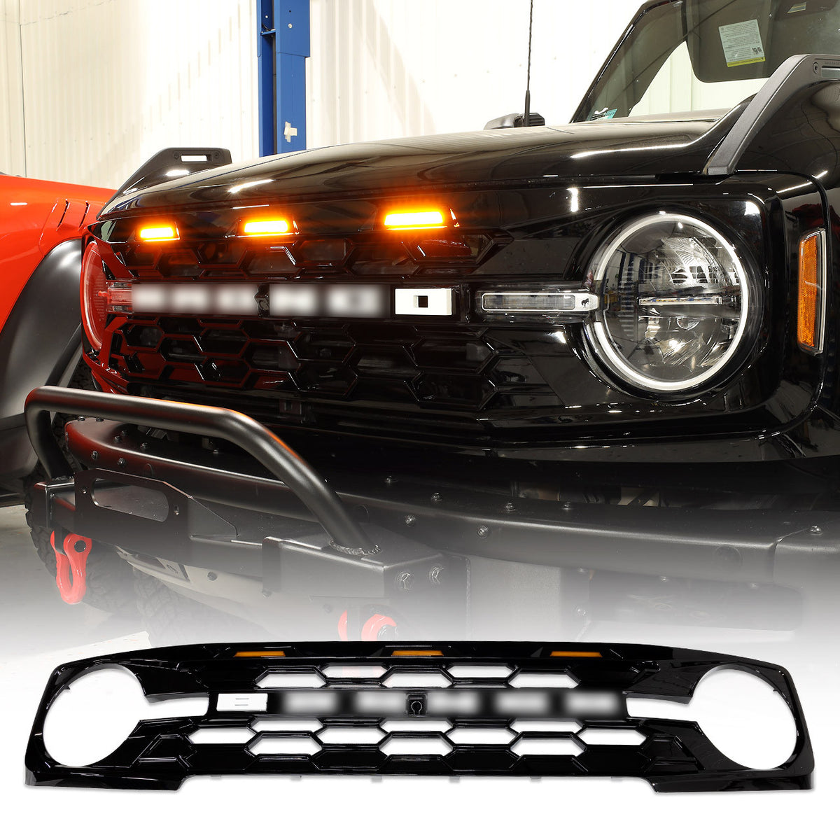 IAG I-Line Para-Hex Style Front Grille Gloss Black with Lights 2021+ Ford Bronco - IAG-BDY-F3115