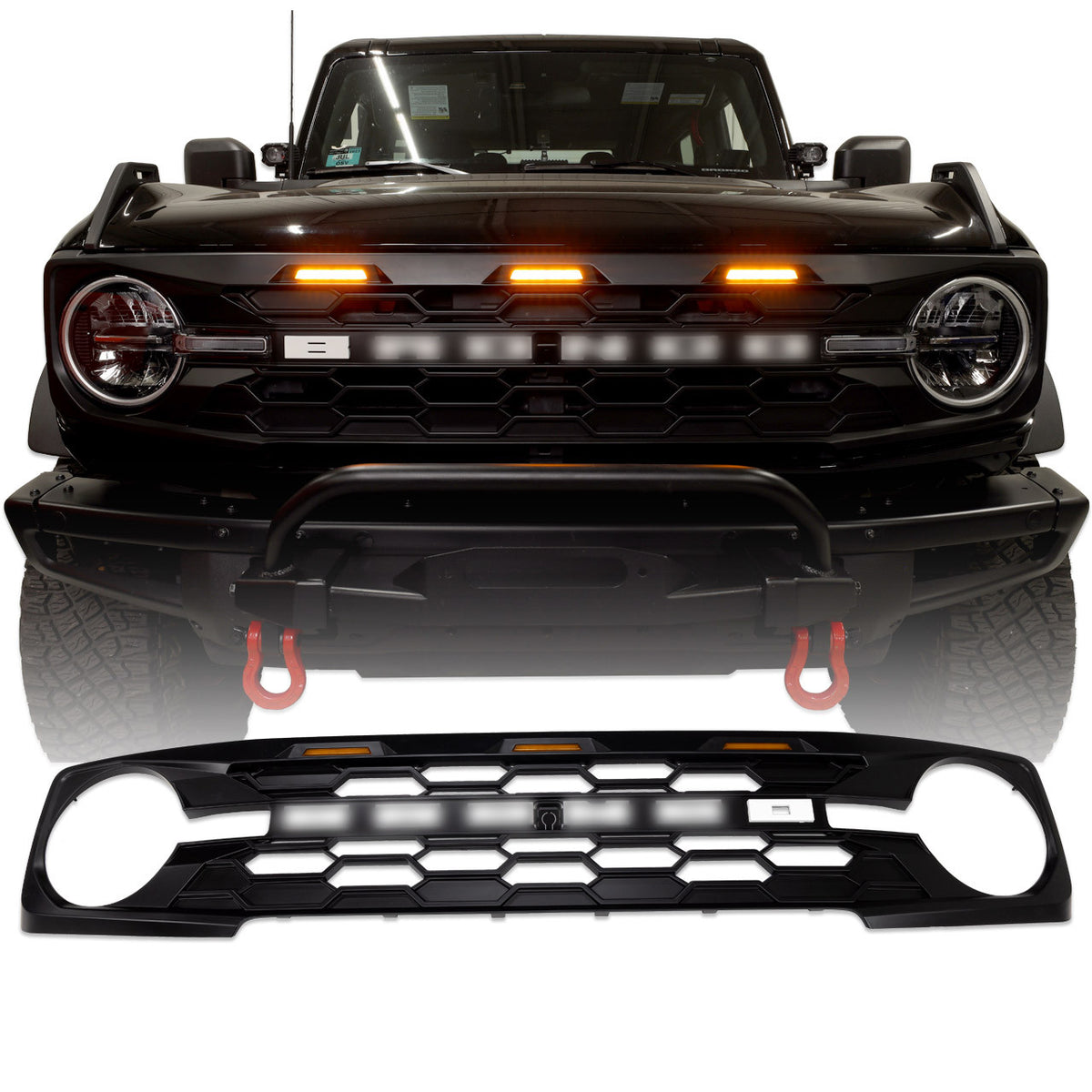 IAG I-Line Para-Hex Style Front Grille Matte Black with Lights 2021+ Ford Bronco - IAG-BDY-F3116