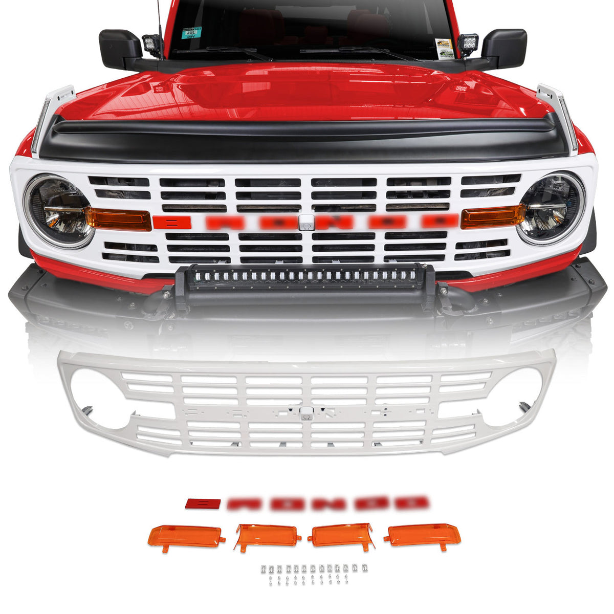 IAG I-Line Vintage Grille Gloss White with Red Lettering 21+ Ford Bronco - IAG-BDY-F3140 for 2021-2026 Ford Bronco - front vi