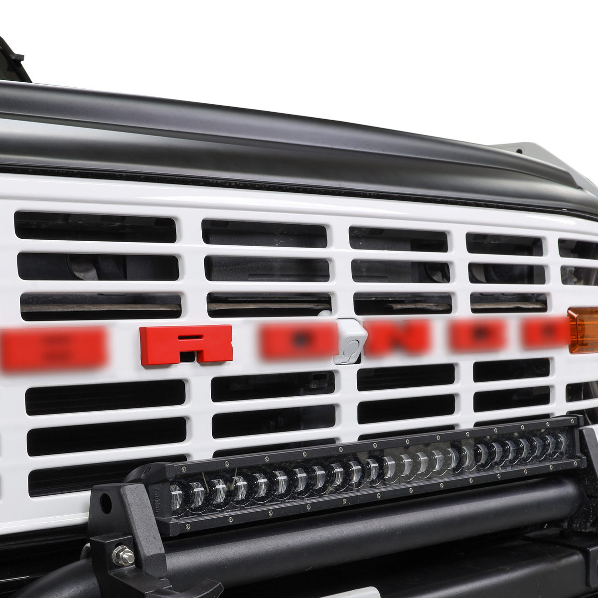 IAG I-Line Vintage Grille Gloss White with Red Lettering 21+ Ford Bronco - IAG-BDY-F3140 for 2021-2026 Ford Bronco - close-up