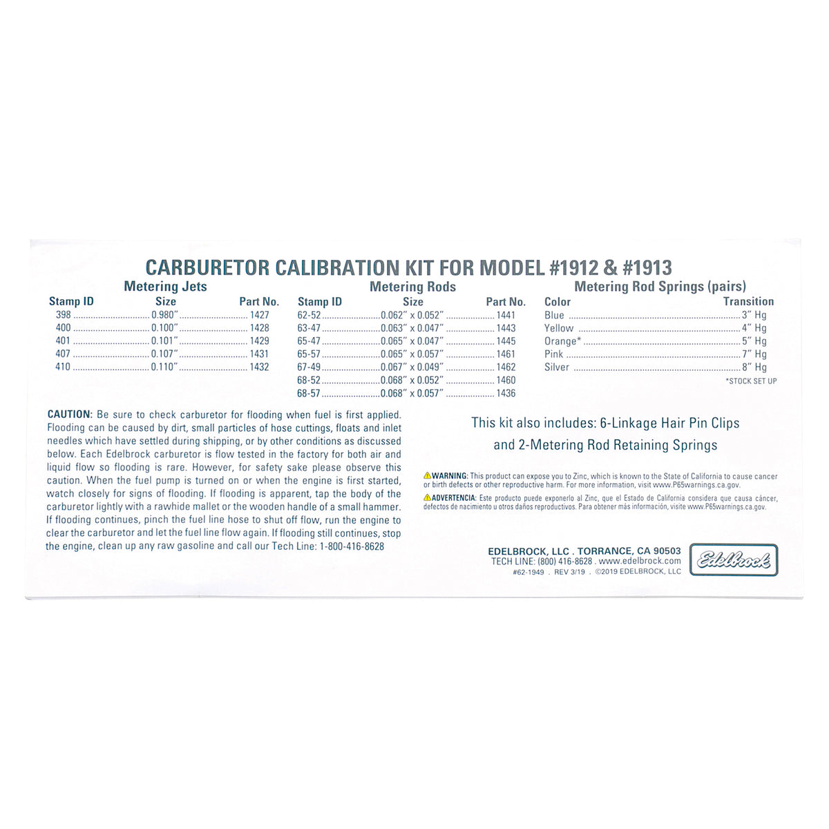 Edelbrock Calibration Kit for 1912 / 1913 - 1949