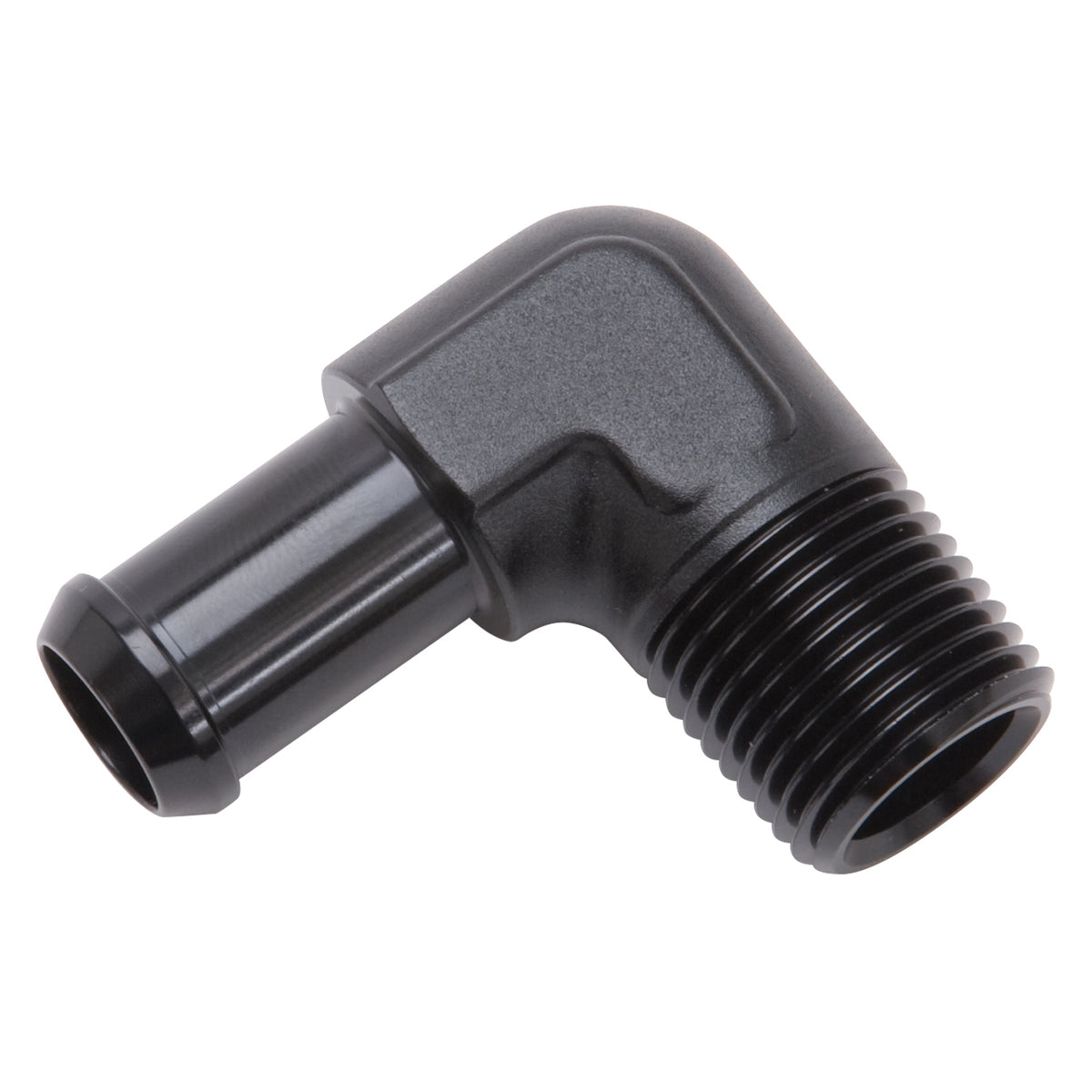 Edelbrock Hose End 90-Deg 1/2In NPT to 5/8In Barb Black Anodize - 8178