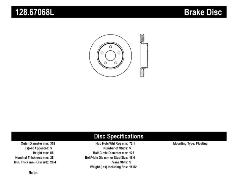 StopTech 07-13 Jeep Wrangler Drilled Left Front Rotor - 128.67068L