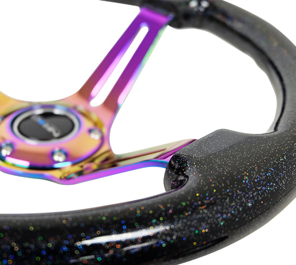 NRG Reinforced Steering Wheel (350mm / 3in. Deep) Blk Multi Color Flake w/ Neochrome Center Mark - RST-018BSB-MC - front view