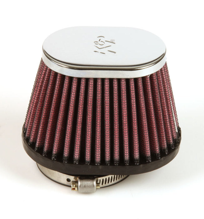 K&amp;N Uni Chrome Oval Tapered Filter 2.125in FlgID x 4inB OL x 3inB OW x 3inT OL x 2inT OW x 2.75in H - RC-0981