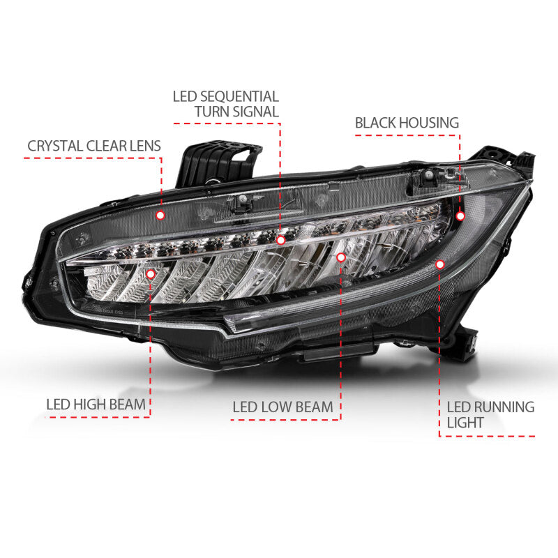 ANZO 16-17 Honda Civic Projector Headlights Plank Style Black w/Amber/Sequential Turn Signal - 121527