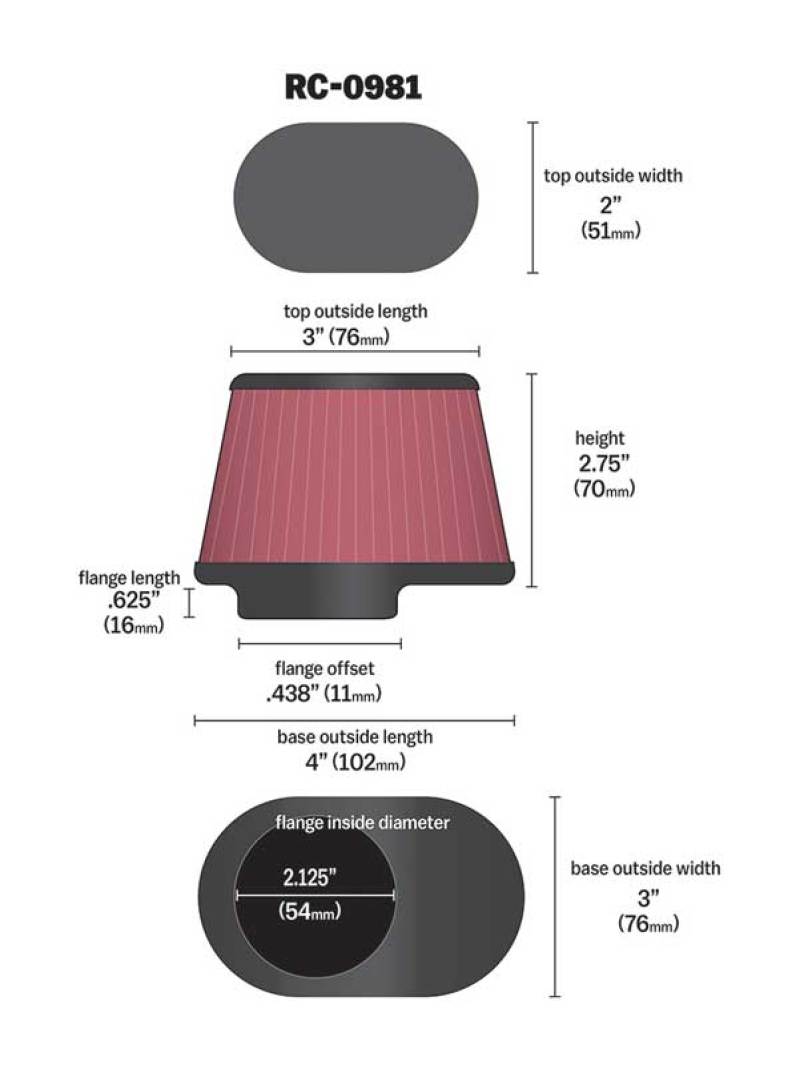 K&amp;N Uni Chrome Oval Tapered Filter 2.125in FlgID x 4inB OL x 3inB OW x 3inT OL x 2inT OW x 2.75in H - RC-0981