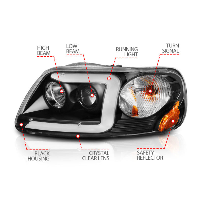 ANZO 1997-2003 Ford F-150 Projector Headlights w/ Light Bar Black Housing - 111503