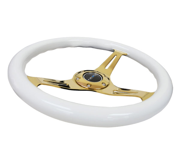 NRG Classic Wood Grain Steering Wheel (350mm) White Grip w/Chrome Gold 3-Spoke Center - ST-015CG-WT - front view