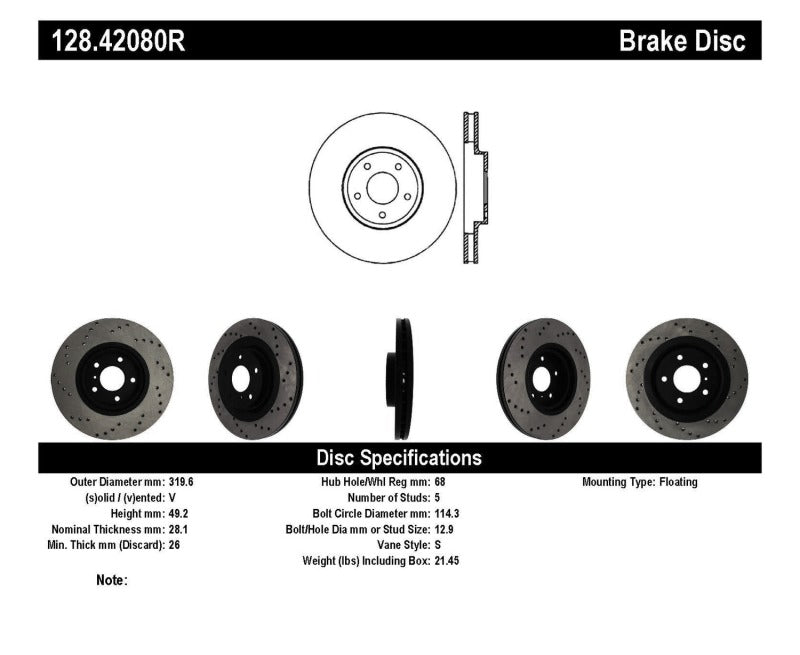 StopTech 08-09 Infiniti EX35 / 05-08 G35 / 09 G37 / 06-09 M35/M45 Drilled Right Front Rotor - 128.42080R