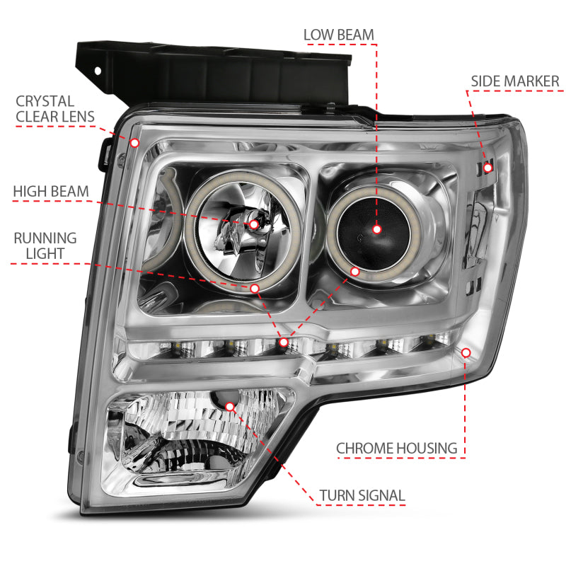 ANZO 2009-2014 Ford F-150 Projector Headlights w/ Halo Chrome (CCFL) G2 - 111297