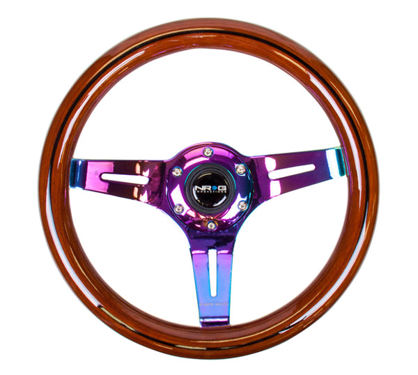 NRG Classic Wood Grain Steering Wheel (310mm) Dark Wood & Black Line Inlay w/Neochrome 3-Spoke Ctr. - ST-310BRB-MC - front view