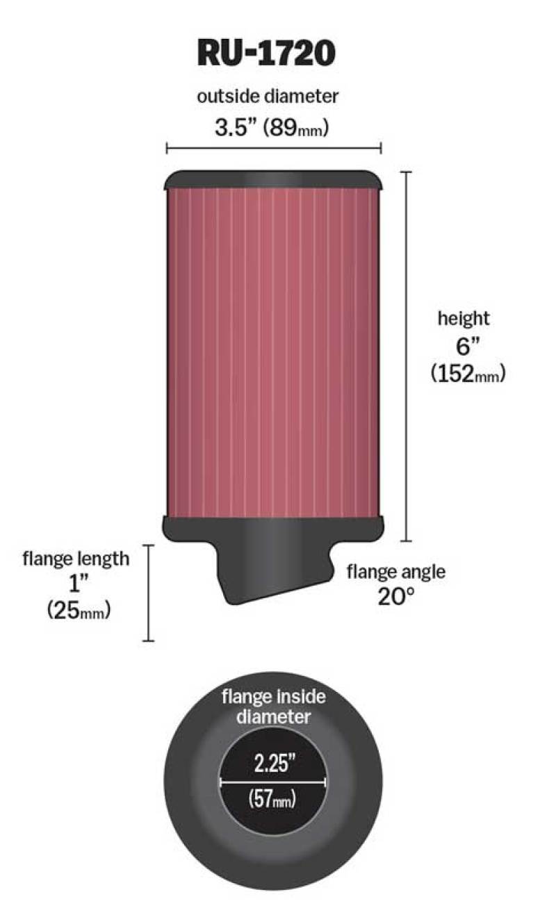 K&amp;N Filter Universal Rubber Round Air Filter 20 Deg Flange Angle 2.25in Flange ID x 3.5in OD x 6in H - RU-1720