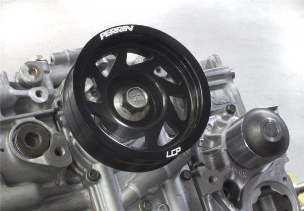 Perrin 93+ Impreza (WRX/STi) Crank Pulley - Black (w/AC) - PSP-ENG-100BK for 2002-2014 Subaru Impreza - front view