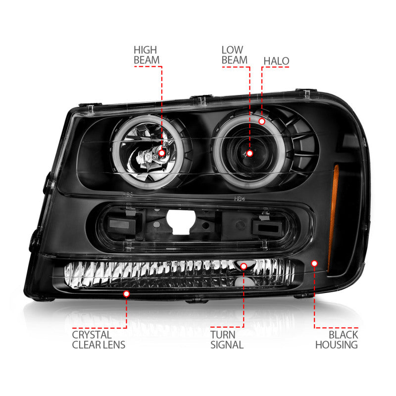 ANZO 02-09 Chevrolet Trailblazer (Will Not Fit 06-09 LT) Projector Headlights w/Halo Black Housing - 111572