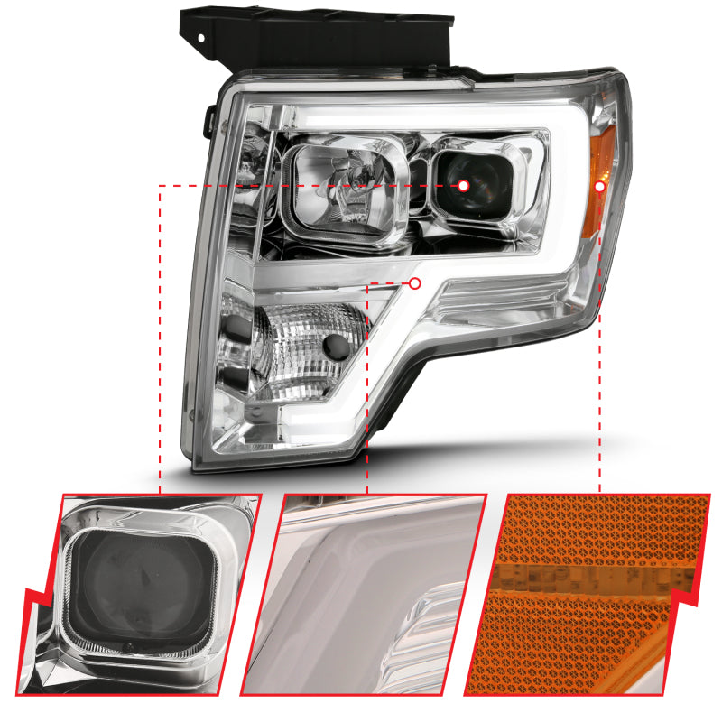 ANZO 2009-2014 Ford F-150 Projector Headlight Plank Style Chrome Amber - 111444