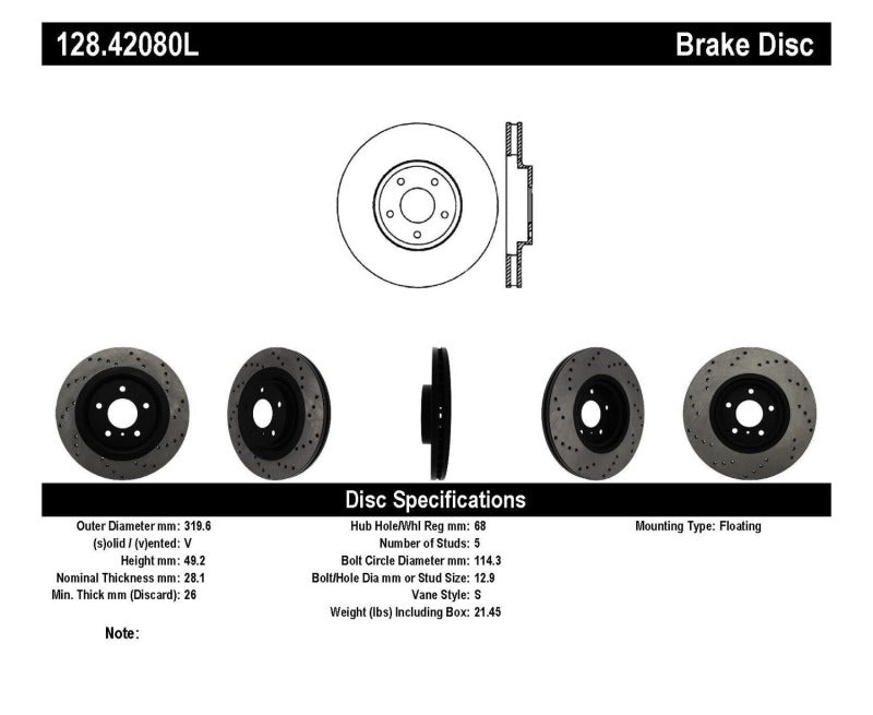 StopTech 08-09 Infiniti EX35 / 05-08 G35 / 09 G37 / 06-09 M35/M45 Drilled Left Front Rotor - 128.42080L