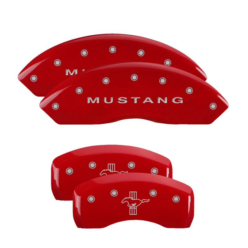 MGP 4 Caliper Covers Engraved Front Mustang Engraved Rear Bar &amp; Pony Red finish silver ch - 10017SMBPRD