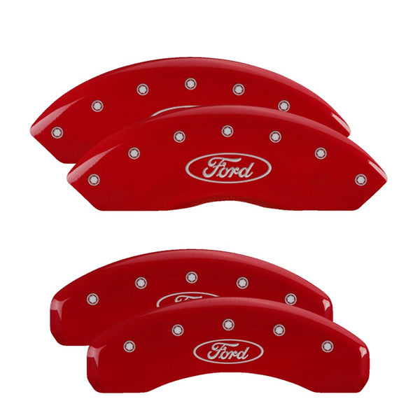 MGP 4 Caliper Covers Engraved Front &amp; Rear Oval logo/Ford Red finish silver ch - 10022SFRDRD
