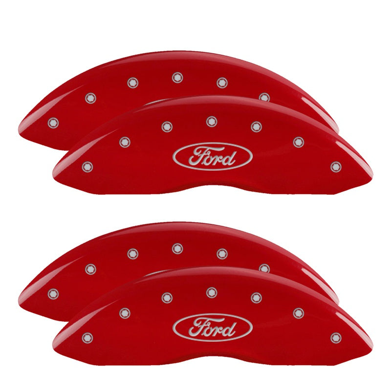MGP 4 Caliper Covers Engraved Front &amp; Rear Oval logo/Ford Red finish silver ch - 10056SFRDRD