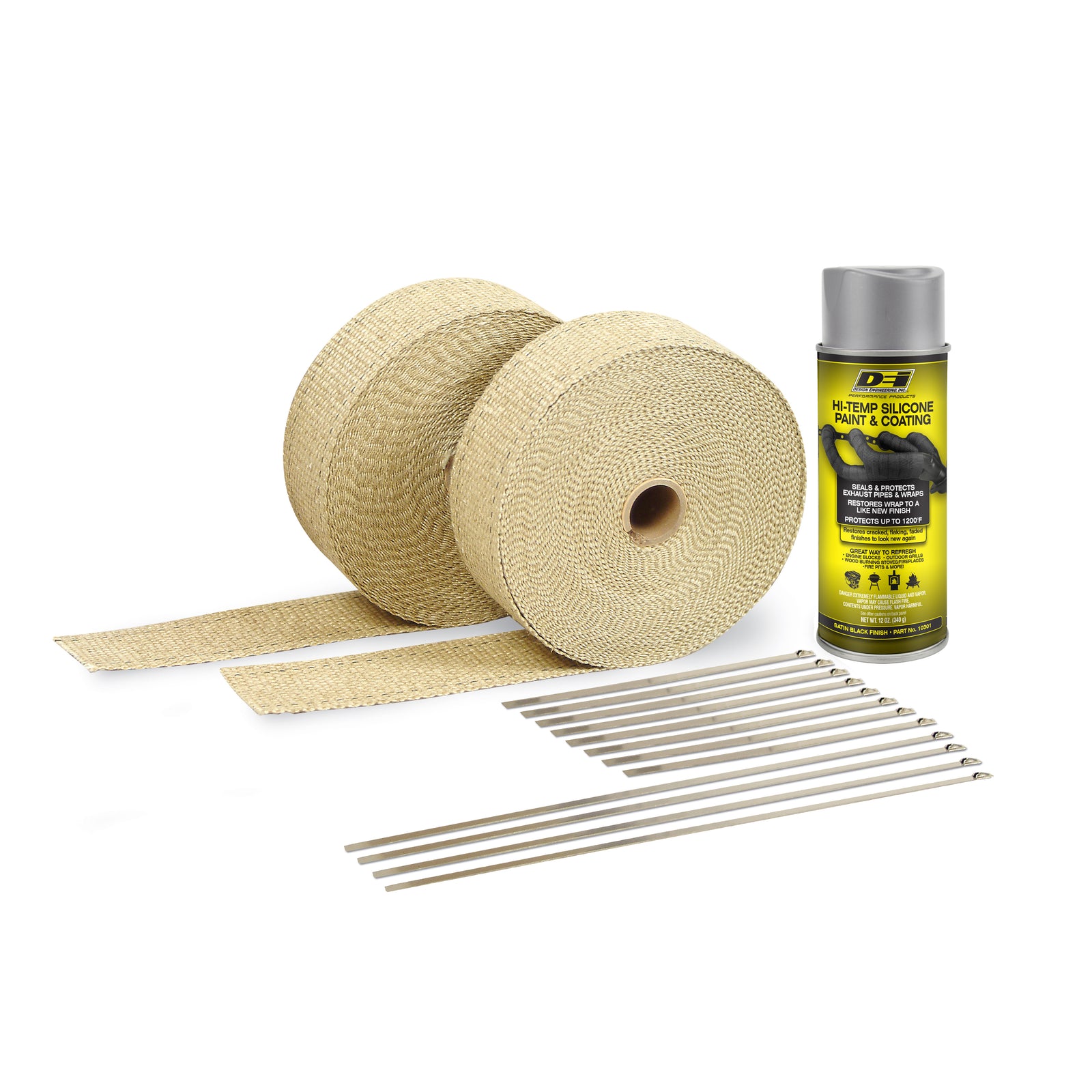 DEI Exhaust Wrap Kit - Tan Wrap & Aluminum HT Silicone Coating - 10112 by DEI - front view