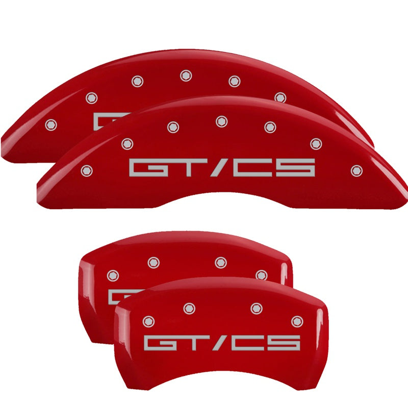 MGP 4 Caliper Covers Engraved 15-21 Ford Mustang GT/CS Front &amp; Rear MGP Red finish silver ch - 10201SGTCRD