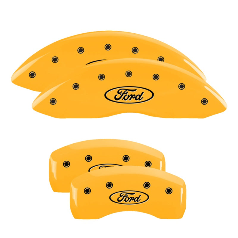 MGP 4 Caliper Covers Engraved Front &amp; Rear Oval logo/Ford Yellow finish black ch - 10242SFRDYL