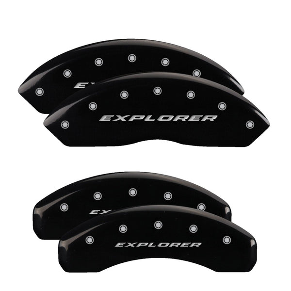 MGP 4 Caliper Covers Engraved Front &amp; Rear 2012+ Ford Explorer Black Finish Silver Logo - 10254SXPLBK