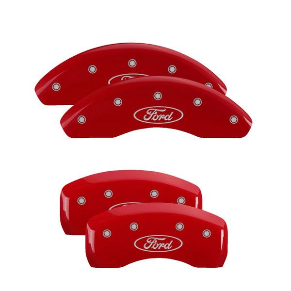 MGP 4 Caliper Covers Engraved Front &amp; Rear Ford Oval Red Finish Silver Char 21 Ford Bronco Sport - 10255SFRDRD