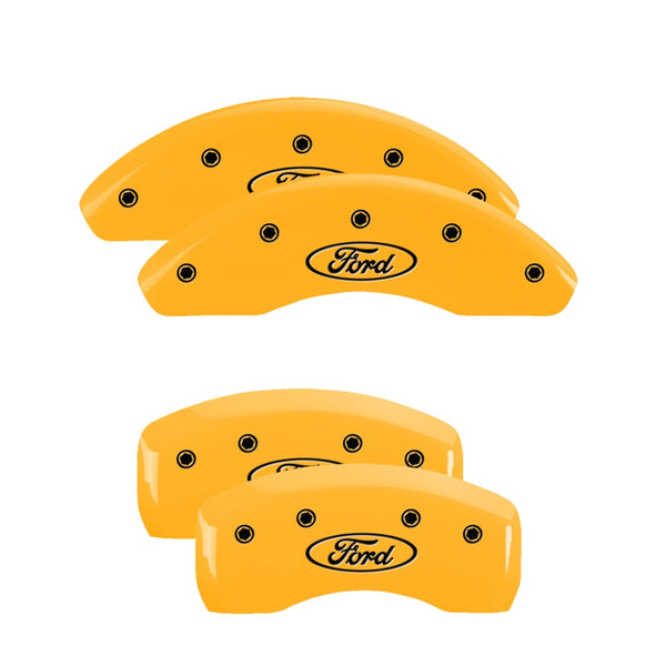 MGP 4 Caliper Covers Engraved Front &amp; Rear Ford Oval Yellow Finish Black Char 21 Ford Bronco Sport - 10255SFRDYL