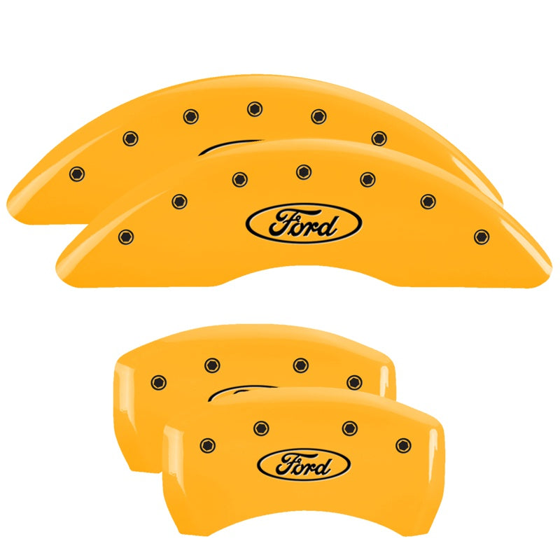MGP 4 Caliper Covers Engraved Front &amp; Rear Oval Logo/Ford Yellow Finish Black Char 21-22 Ford Edge - 10258SFRDYL