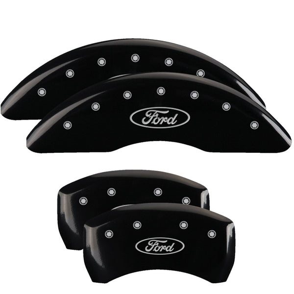 MGP 4 Caliper Covers Engraved Front &amp; Rear 24-25 Ford Mustang EcoBoost - Black w/ Oval Logo - 10261SFRDBK