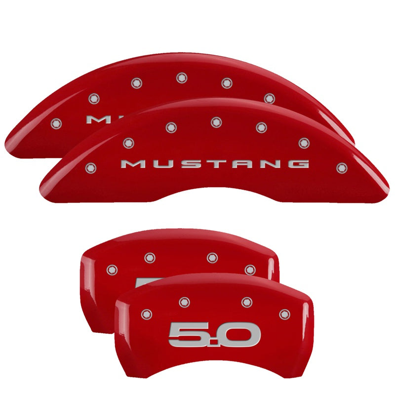 MGP 2024+ Ford Mustang GT 4 Caliper Covers Front &amp; Rear - Red Finish w/ Mustang/5.0 Logo - 10269SM52RD