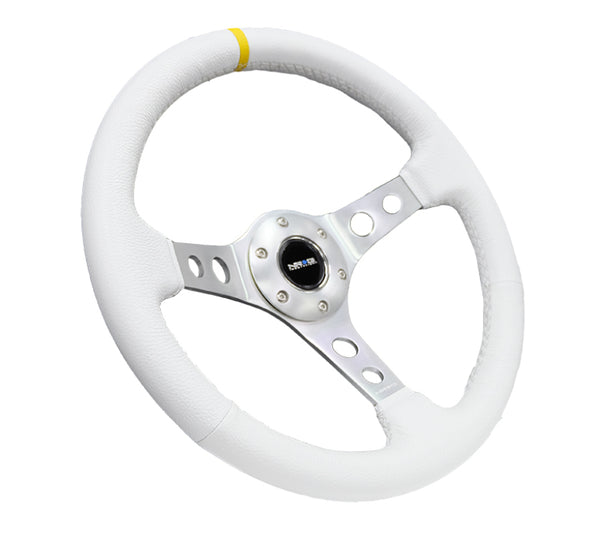 NRG Reinforced Steering Wheel (350mm / 3in. Deep) Wht Leather w/Silver Spoke & Single Yellow Mark - RST-006WT-Y - front view