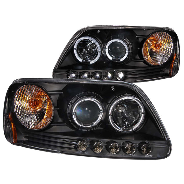 ANZO 1997.5-2003 Ford F-150 Projector Headlights w/ Halo and LED Black 1pc - 111031 for 1997-2004 Ford F 150 - front view