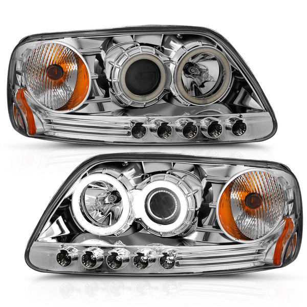 ANZO 1997.5-2003 Ford F-150 Projector Headlights w/ Halo Chrome 1pc - 111054 for 1997-2004 Ford F 150 - front view