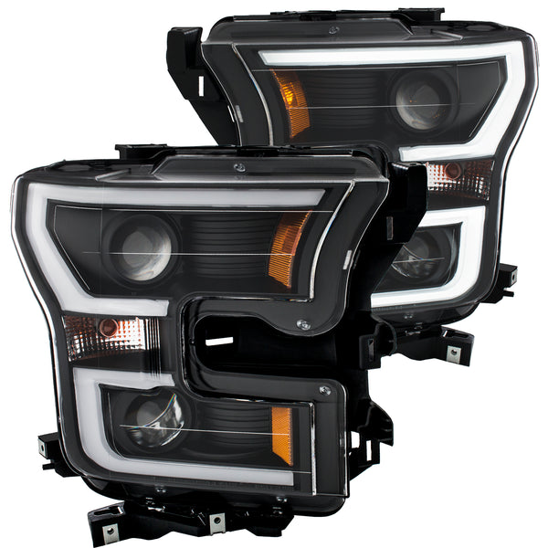 ANZO 2015-2016 Ford F-150 Projector Headlights w/ Plank Style Design Black w/ Amber - 111347 for 2015-2017 Ford F 150 - front