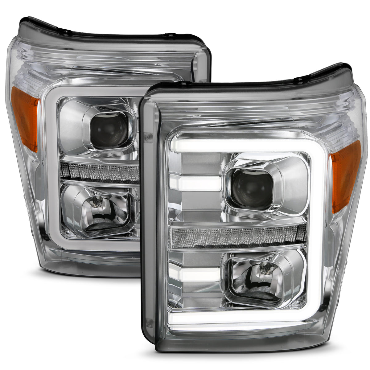 ANZO 11-16 Ford F-250/F-350/F-450 Projector Headlights w/ Plank Style Switchback Chrome w/Amber - 111407 for 2011-2016 Ford F